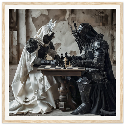 Two figures in white and black medieval attire playing chess in Mind’s Naissance Battle