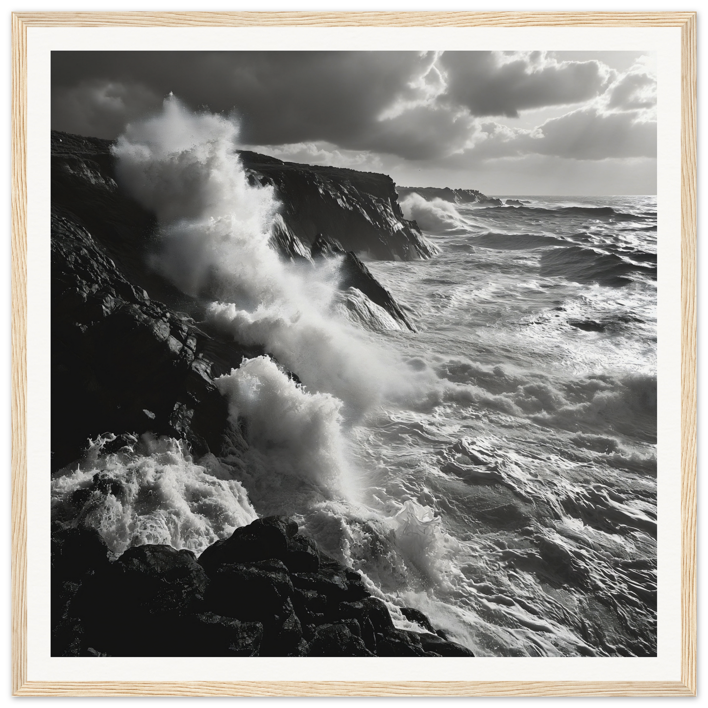 Powerful ocean waves crash on cliffs in Mystic Tempest Waltz framed poster