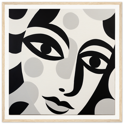 Abstract black and white Mystic Visage Encounter framed poster art with stylized faces