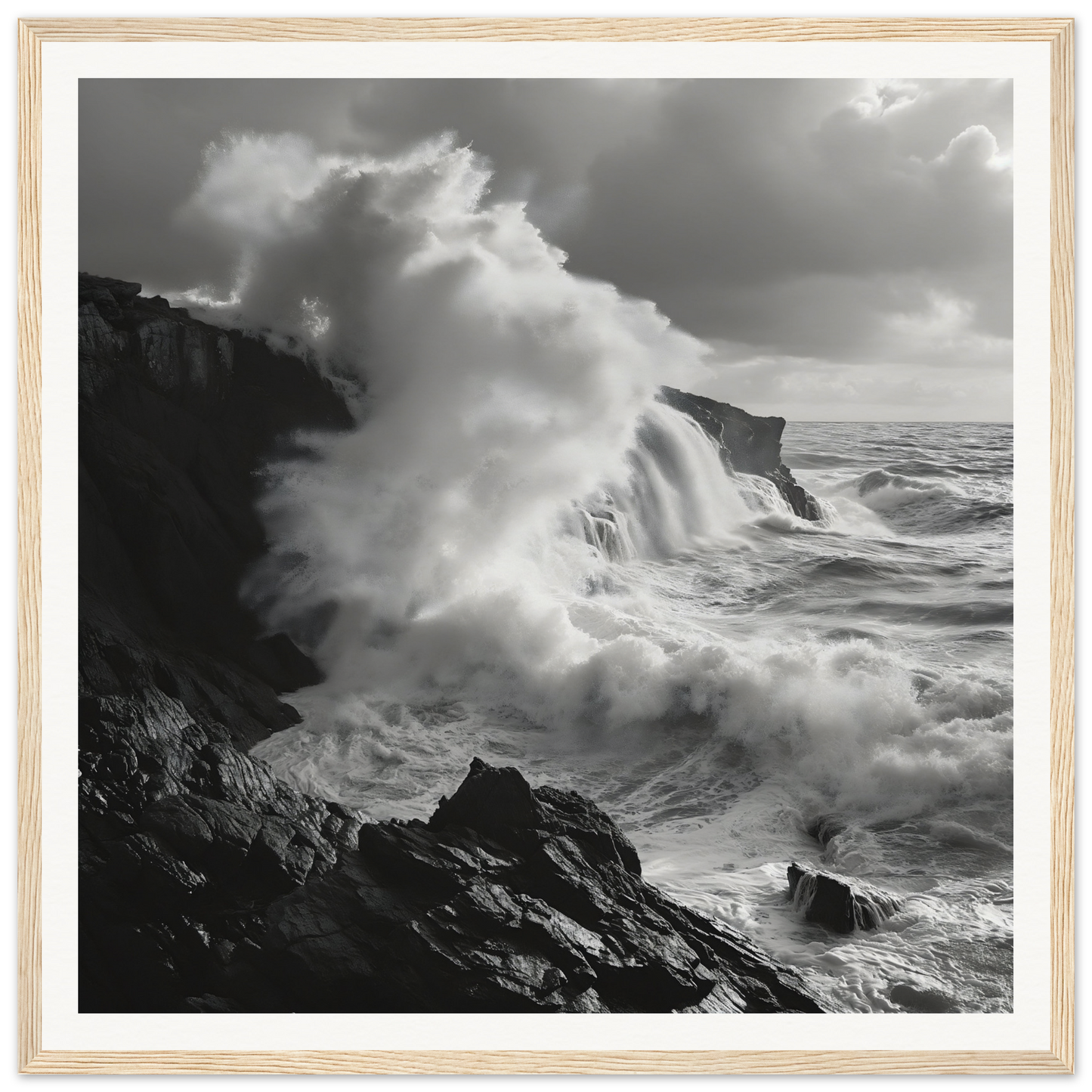 Powerful ocean waves crashing on rocky cliffs in Nature’s Whispered Conquest art™