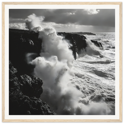 Powerful ocean waves crash on cliffs in Ocean Roars Symphony framed poster art