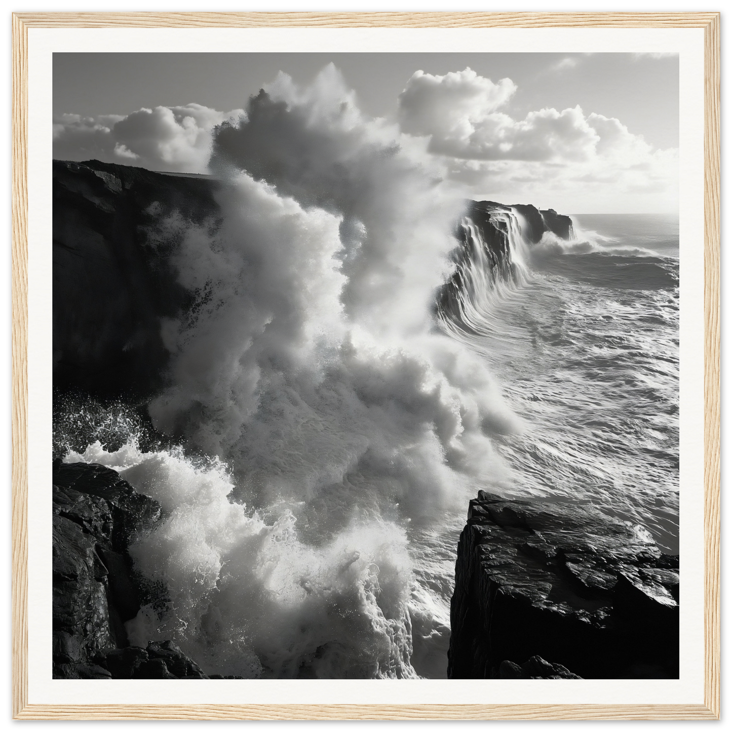 Powerful ocean waves crash against rocky cliffs in Ocean’s Mighty Whisper artwork