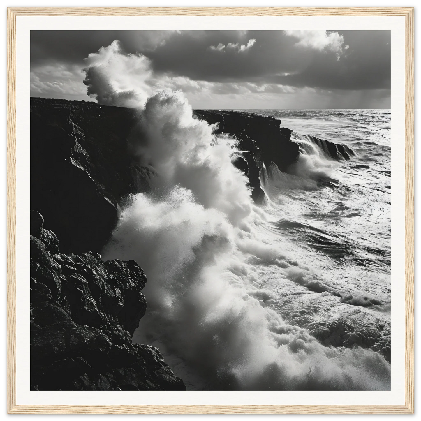 Powerful ocean waves crash on rocky cliffs in Ocean’s Rhapsody Reflections art™