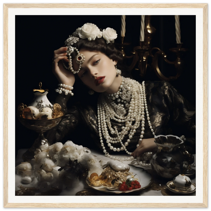 Dramatic portrait of Opulence’s Quiet Soul with pearl necklaces and white roses