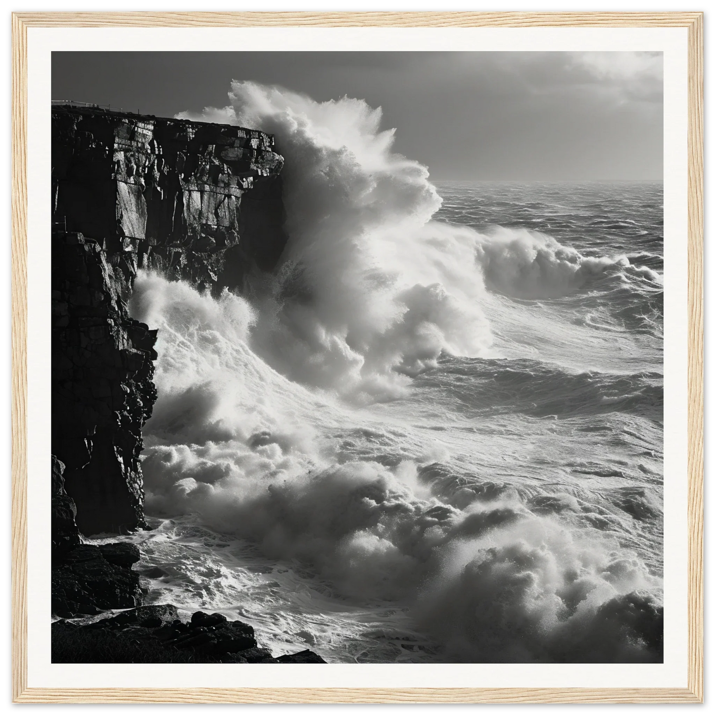 Powerful ocean waves crash against cliffs in Relentless Ocean’s Ballet framed poster