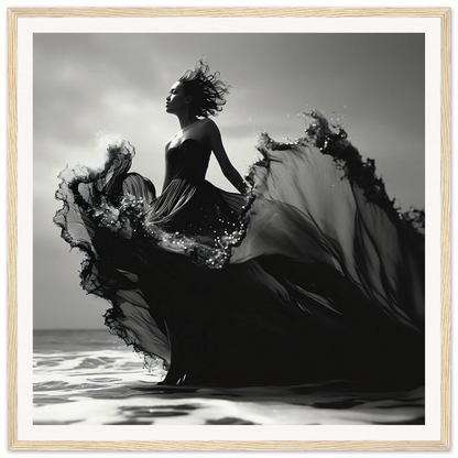 Silhouetted figure in flowing black dress represents Sea Elegance Ascends art style