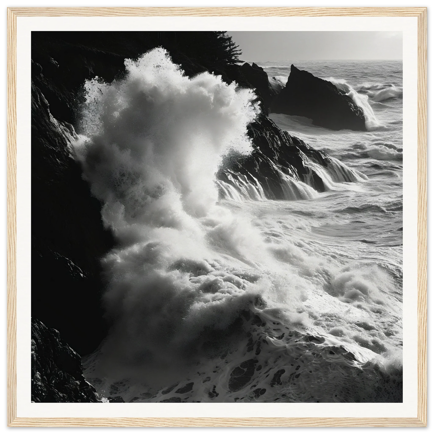 Powerful ocean waves crashing on cliffs in Seas Slaps Struzgwžues framed art