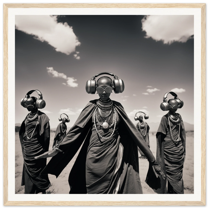 Tribal figures in robes with headphones in a Serengeti Space Odyssey design