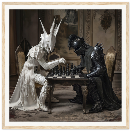 Two armored warriors in a Serpentine Strategists Duel play chess on framed wall art