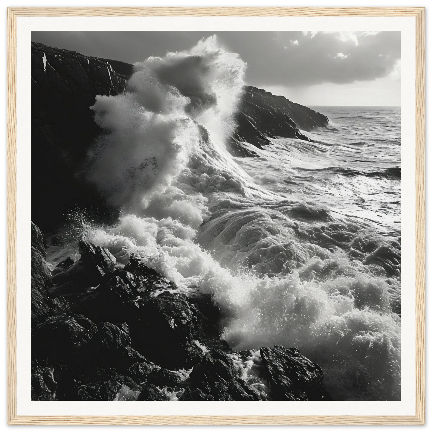 Powerful ocean waves crashing on rocky cliffs in Sinous Tidal Symphony art piece