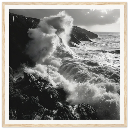 Powerful ocean waves crashing on rocky cliffs in Sinous Tidal Symphony art piece