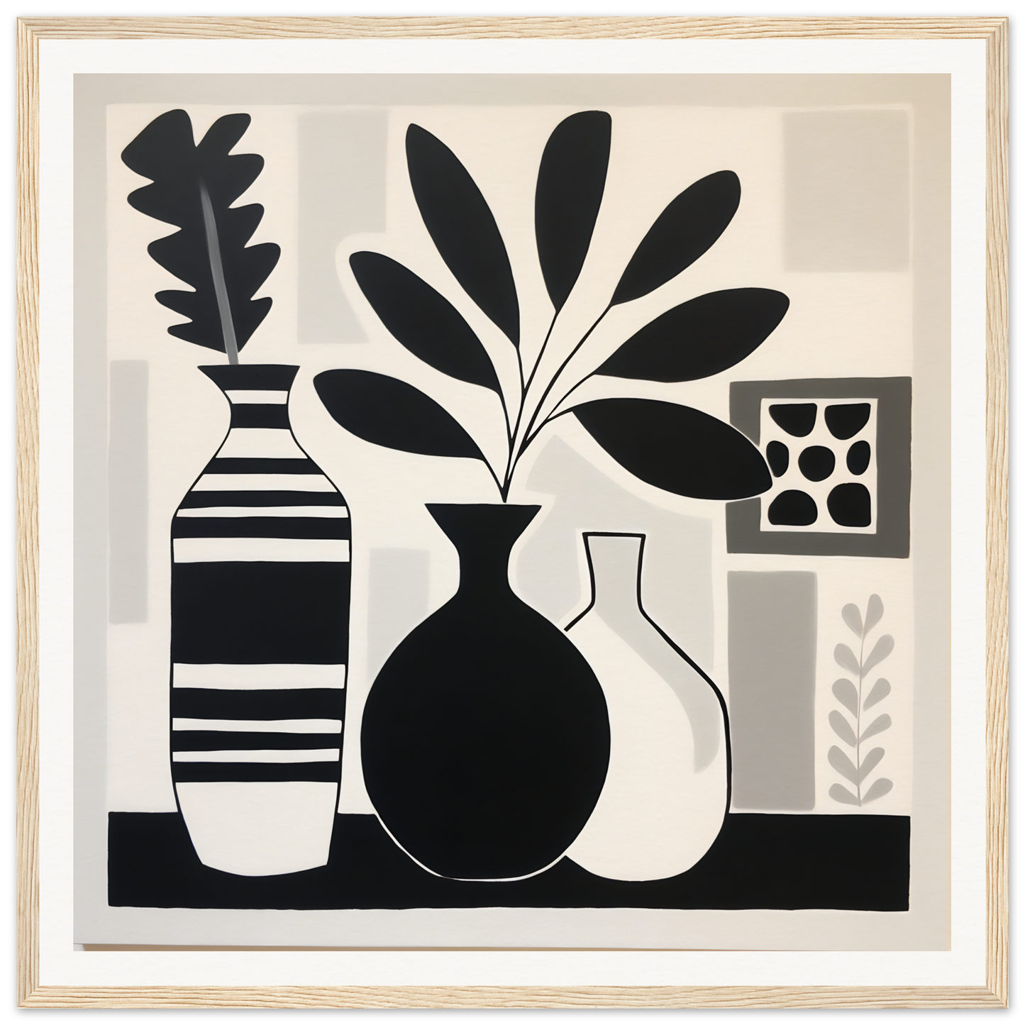 Three decorative vases with botanical elements in Stillness Serenade Meditations style