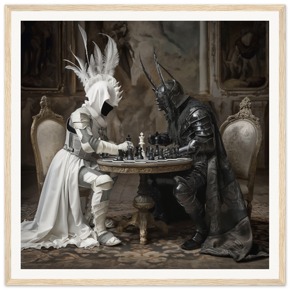 Armored figures clash in chess at an ornate table, Strategic Enigma Echoes art