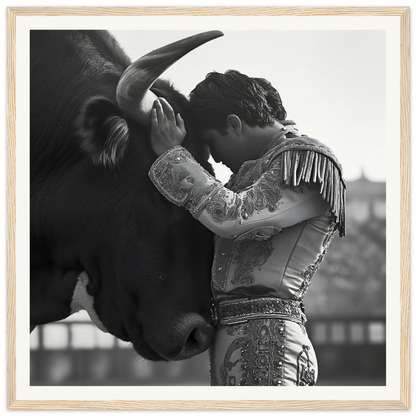 Toreador’s Reverie art featuring a matador in ornate suit embracing a bull’s head