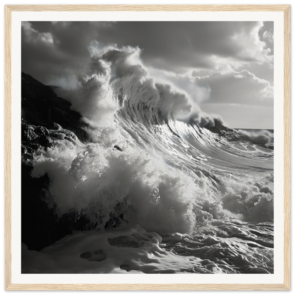 Dramatic ocean wave crashes on rocks in Tempestuous Dance Tribute framed poster