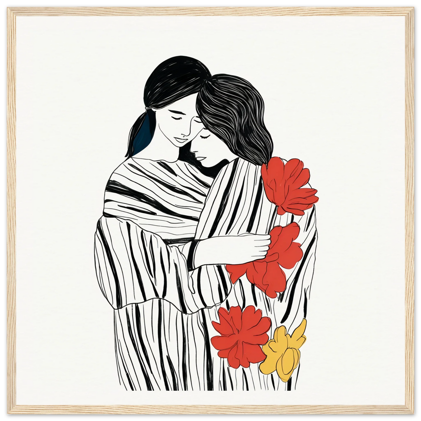 Line drawing of two people embracing with flowers in the Tender Embrace Symphony framed art print