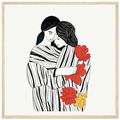 Line drawing of two people embracing with flowers in the Tender Embrace Symphony framed art print