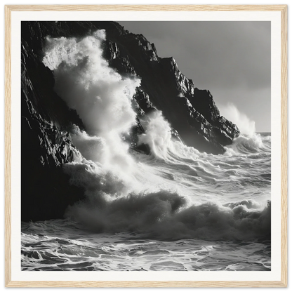 Powerful ocean waves crashing on rocky cliffs in Tidal Unfurl Dance framed wall art