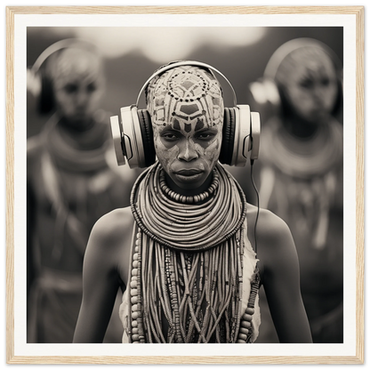 Tribal member rocking traditional style with modern headphones in Tribal Signal Symphony