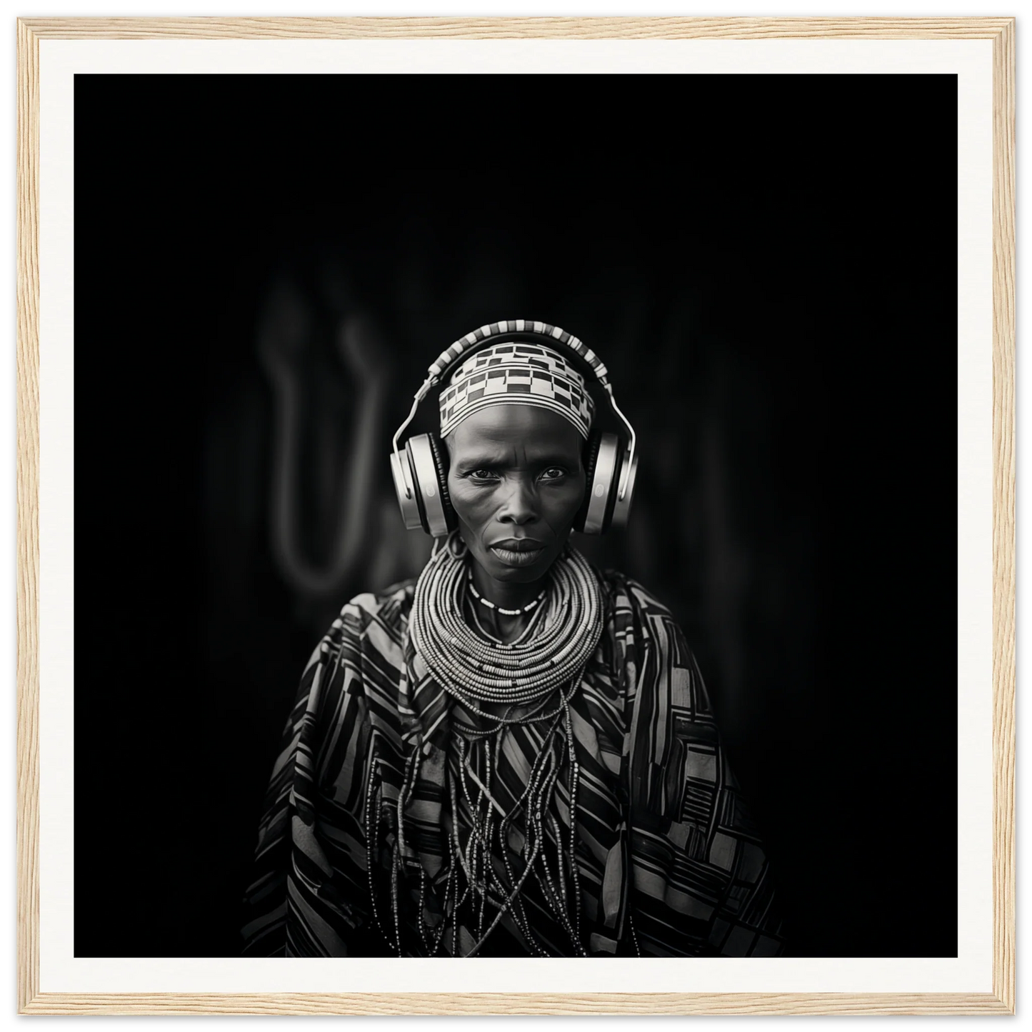 Striking black and white portrait with traditional African jewelry and modern headphones, Tribal Why-Fi