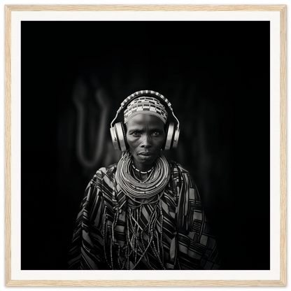 Striking black and white portrait with traditional African jewelry and modern headphones, Tribal Why-Fi