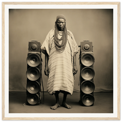 A figure in traditional African robes between speakers in Voices Amid Pixels framed wall art