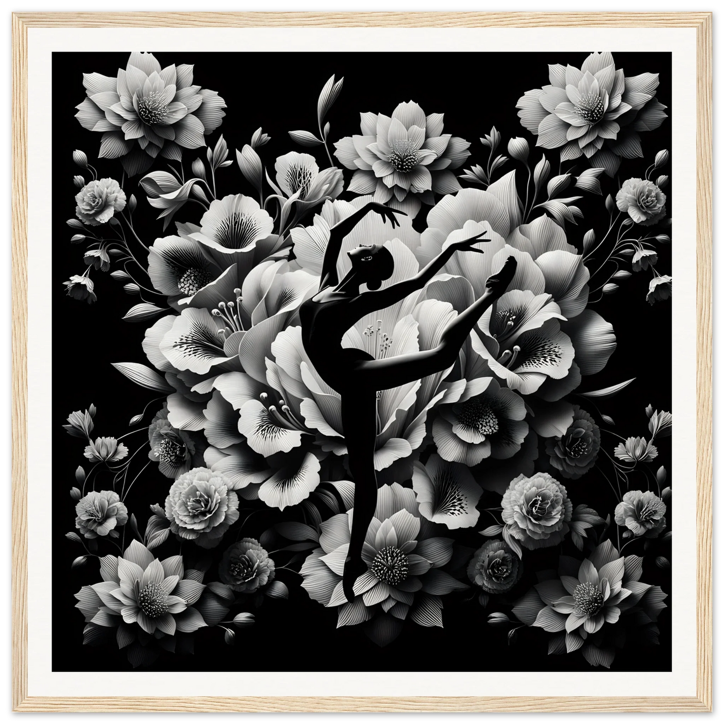 Silhouette of a ballet dancer in arabesque with flowers, perfect for Waltzing Bloom Synthesis framed posters