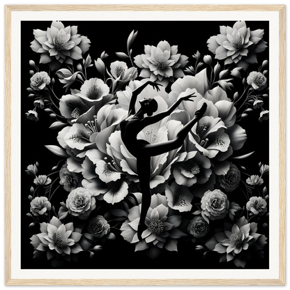 Silhouette of a ballet dancer in arabesque with flowers, perfect for Waltzing Bloom Synthesis framed posters