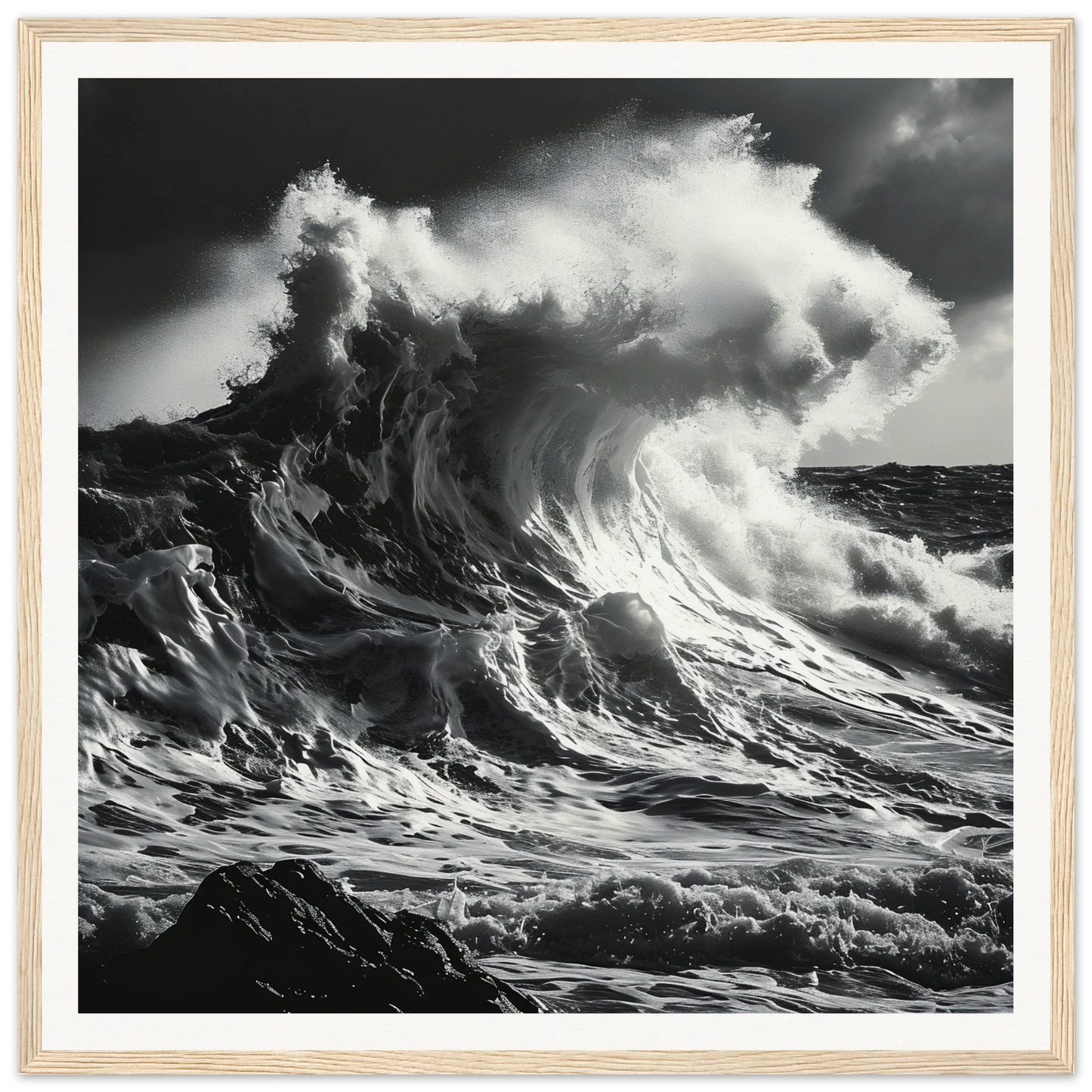 Ocean wave crashing on dark rocks, perfect for Wave’s Fury Howl framed wall art