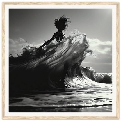 Silhouette emerging from crashing wave in Waves of Fusion surreal museum-quality framed art