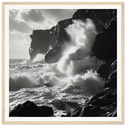 Dramatic ocean waves crashing on dark cliffs in Waves’ Wild Gambit framed wall art