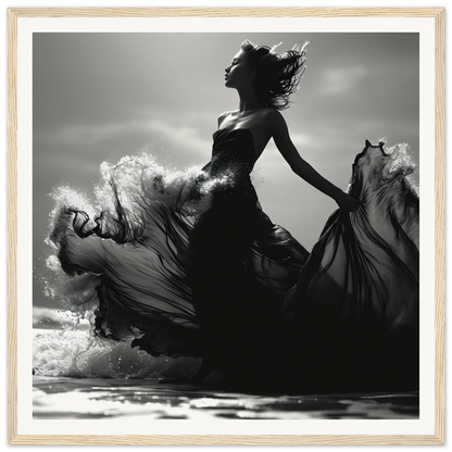 Silhouetted dancer in flowing black dress embodies Wavewoven Elegance Manifestation