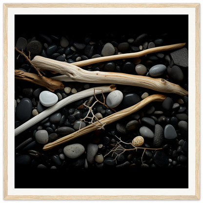 Bleached driftwood on dark stones in Whispers Earthward Serenade special edition art™