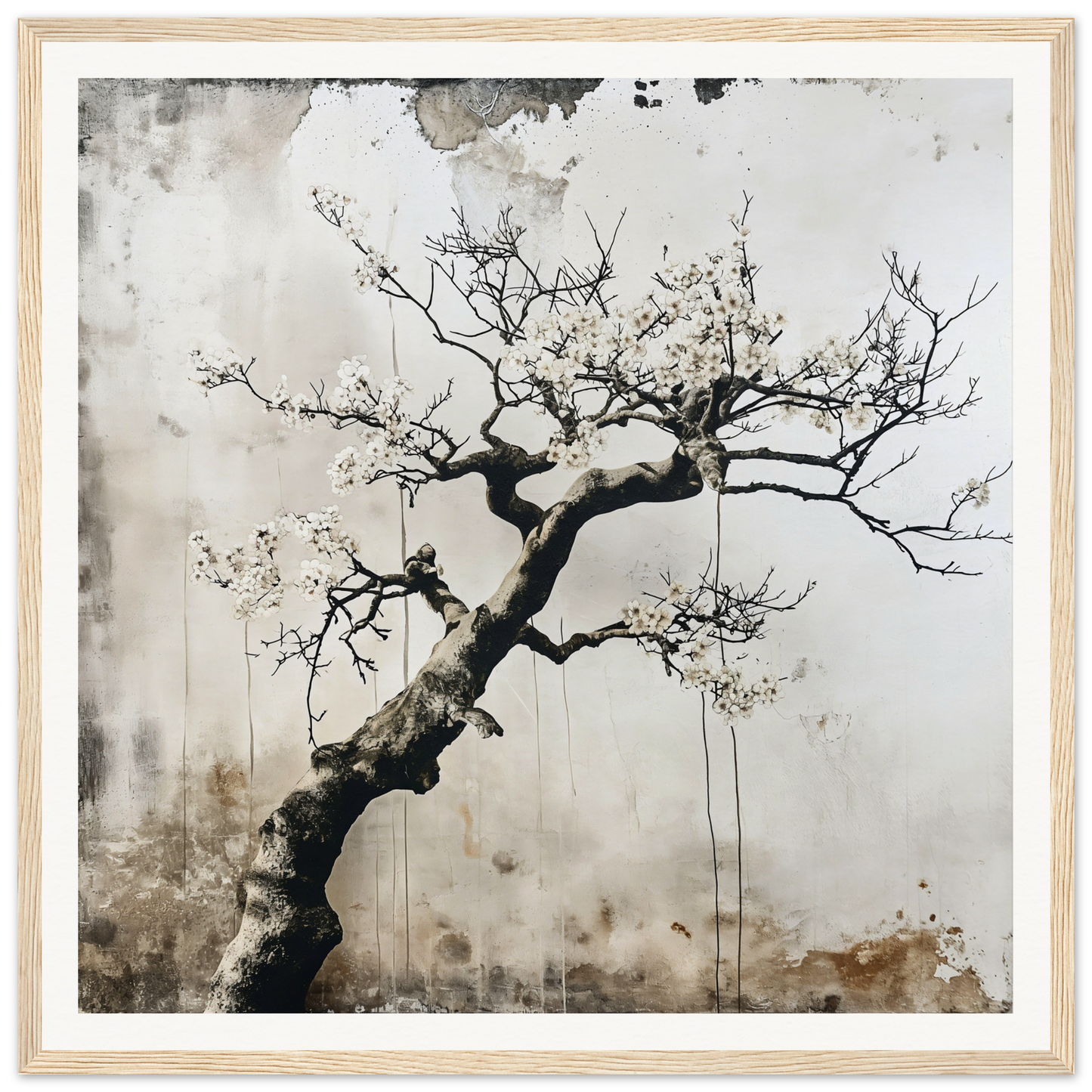 Twisted tree branch with blossoms on a rustic surface for Blossom Yin Reverie art