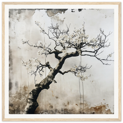 Twisted tree branch with blossoms on a rustic surface for Blossom Yin Reverie art