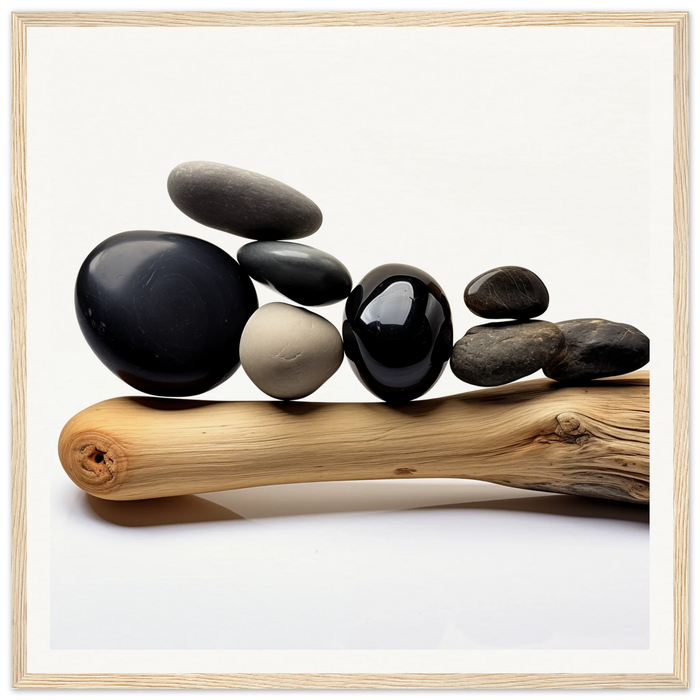 Smooth river rocks on driftwood for Zen Balance Riffs special edition art™