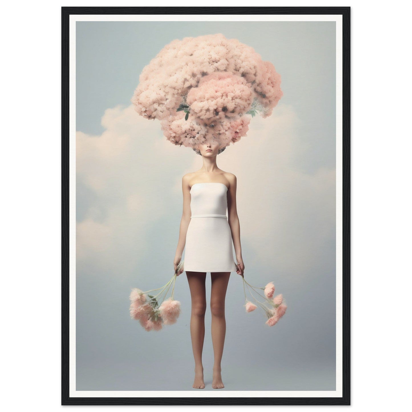 Doll-like figure with an enormous pink cotton candy hairstyle wearing a white mini dress.