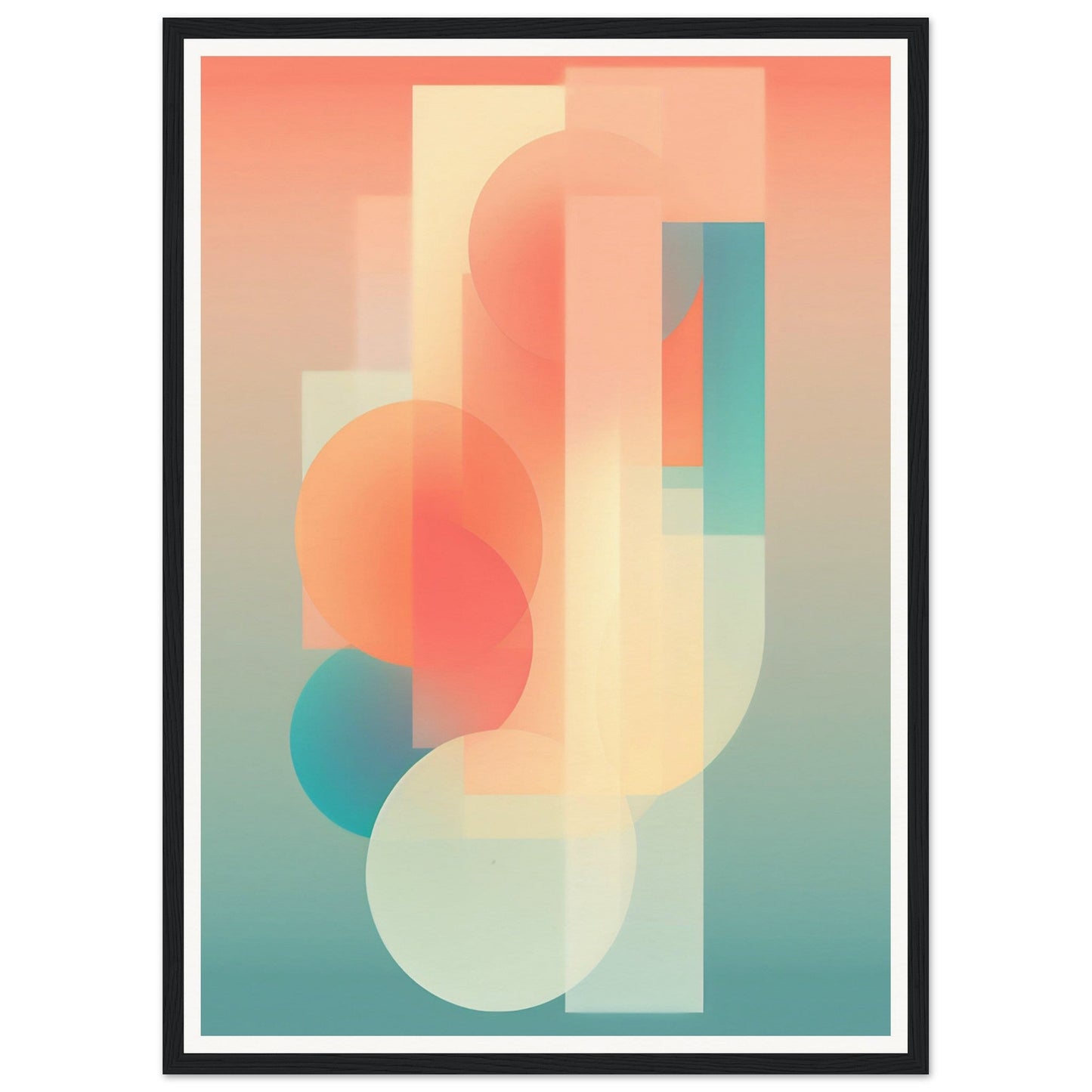 Abstract geometric artwork featuring overlapping translucent shapes in soft pastel colors.