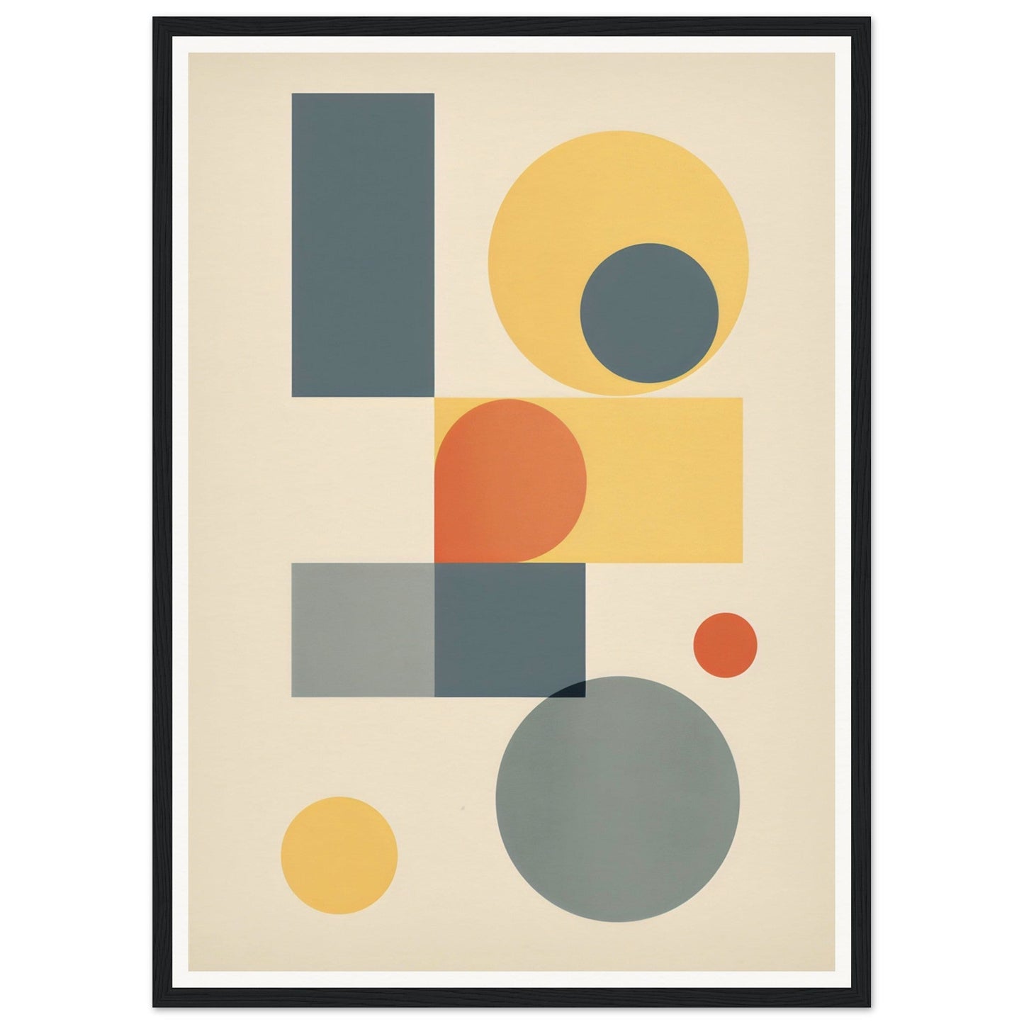 Abstract geometric artwork featuring colorful shapes and circles in muted tones.