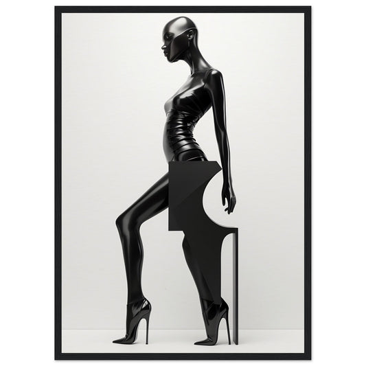 Sleek, stylized black silhouette of a feminine figure in a dramatic pose wearing high heels.