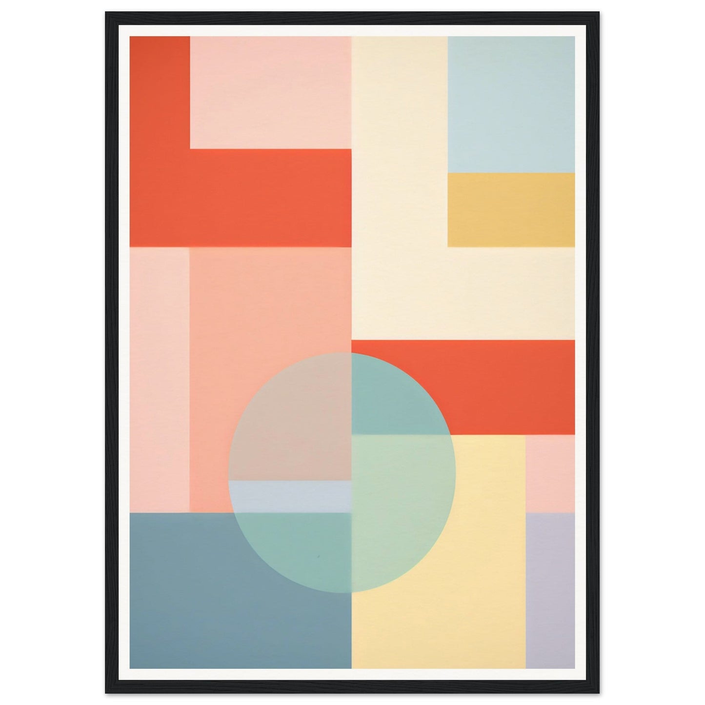 Abstract geometric artwork featuring colorful rectangular shapes and a circular element in pastel hues.