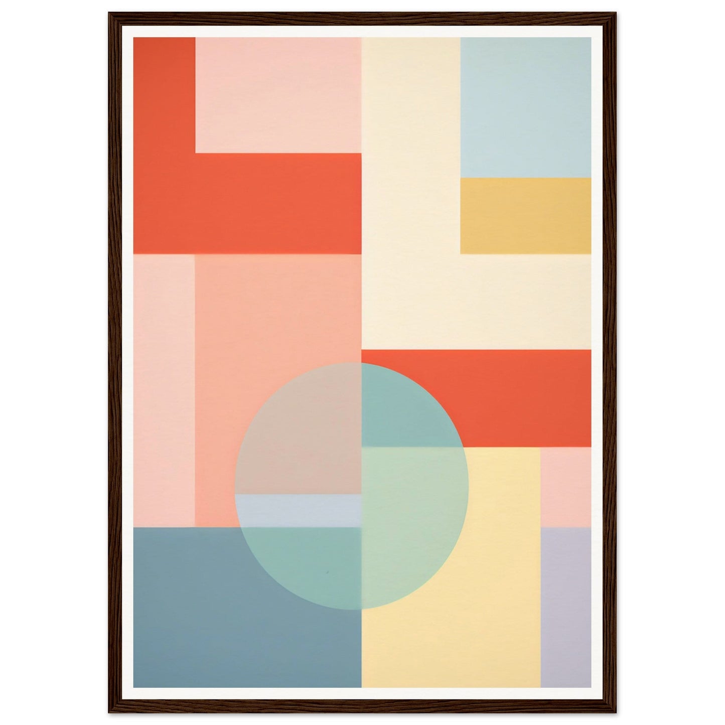 Abstract geometric artwork featuring pastel-colored shapes and blocks in a minimalist composition.