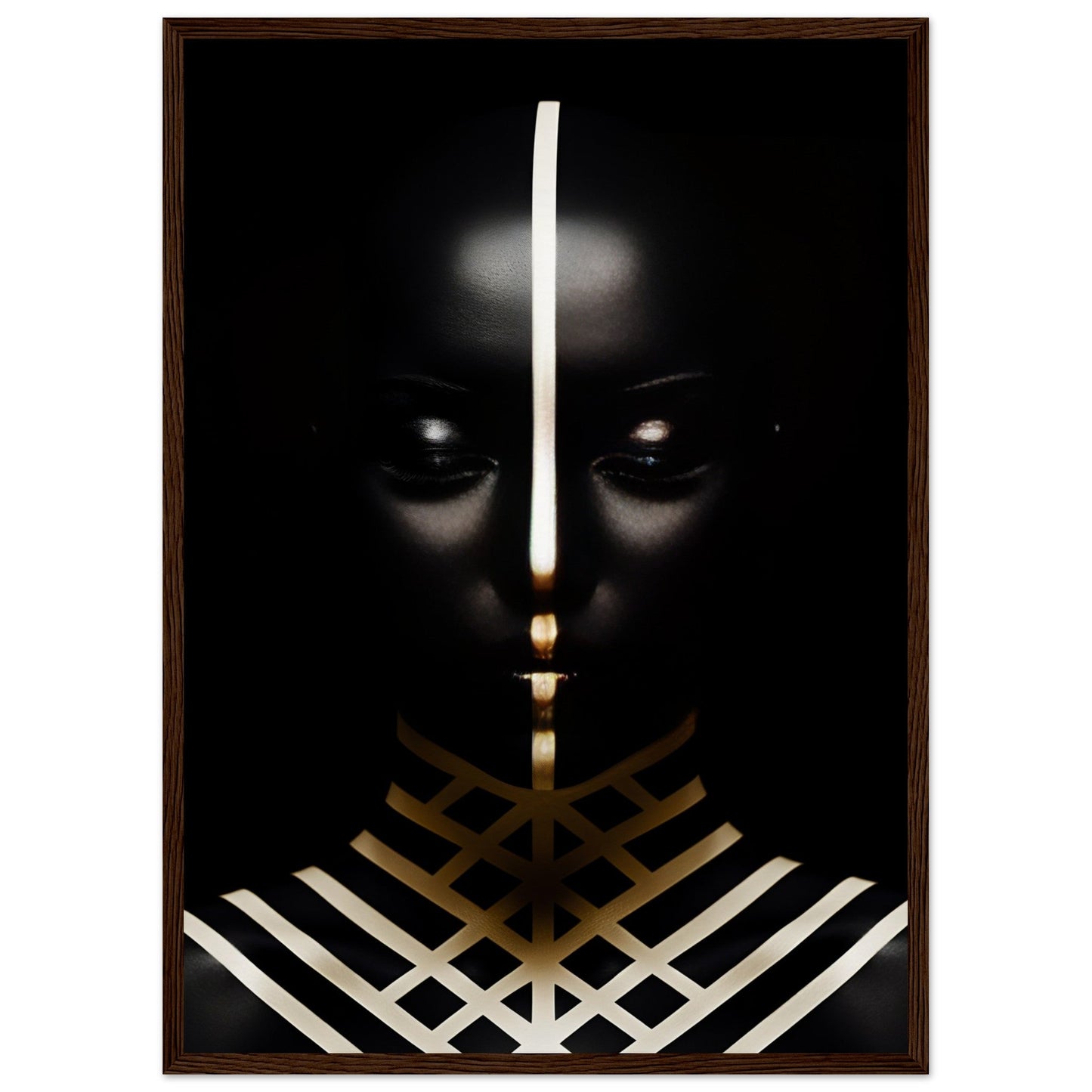 Striking portrait of a person with dark skin against a black background, featuring geometric gold and white patterns.