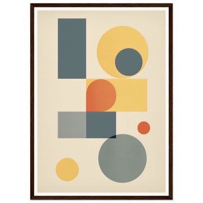 Abstract geometric artwork featuring circles, rectangles, and squares in muted colors.