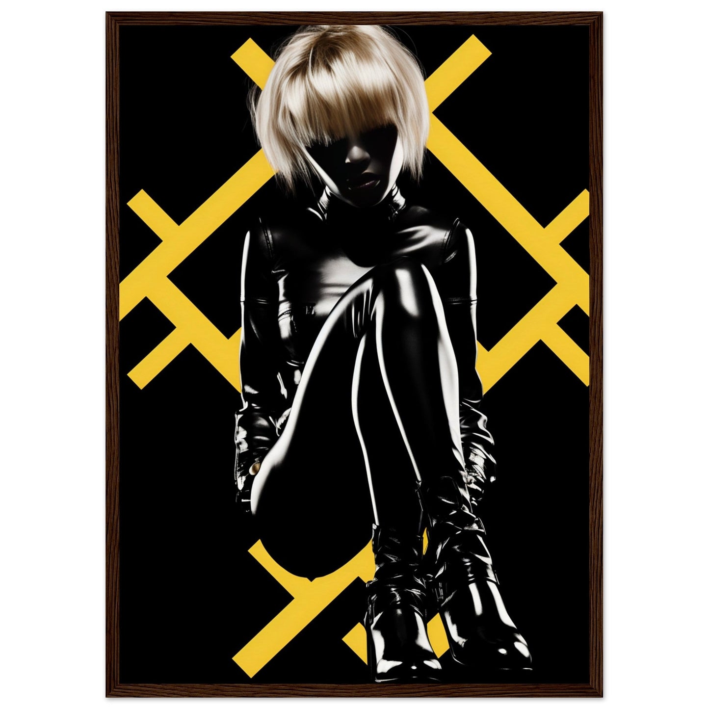 Silhouetted figure in shiny black clothing with blonde hair against a dark background with yellow X patterns.