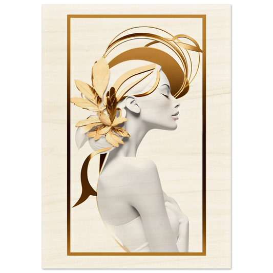 Stylized profile of a woman with golden floral elements and abstract shapes adorning her head.