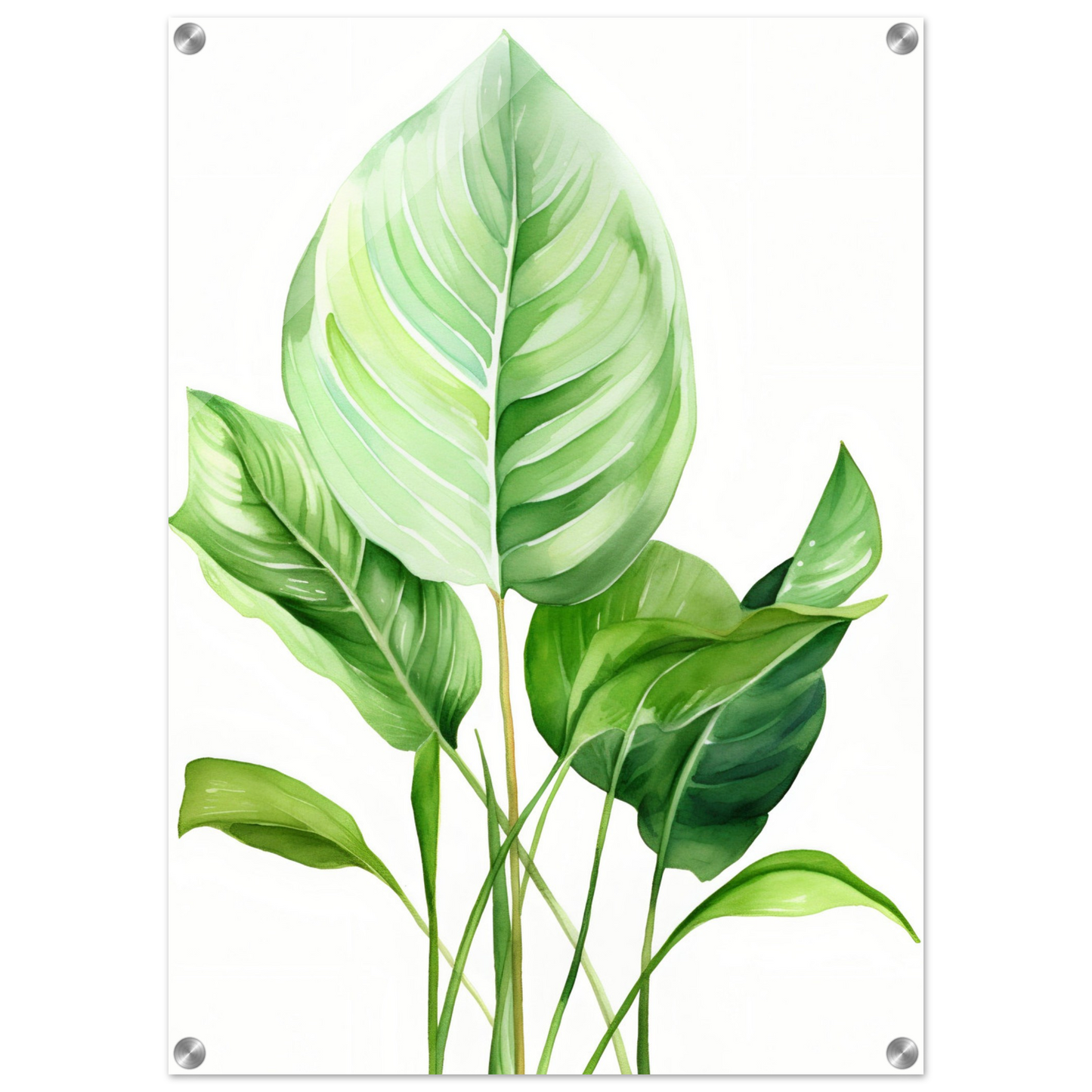 Watercolor painting of green tropical leaves with prominent veins and stems.