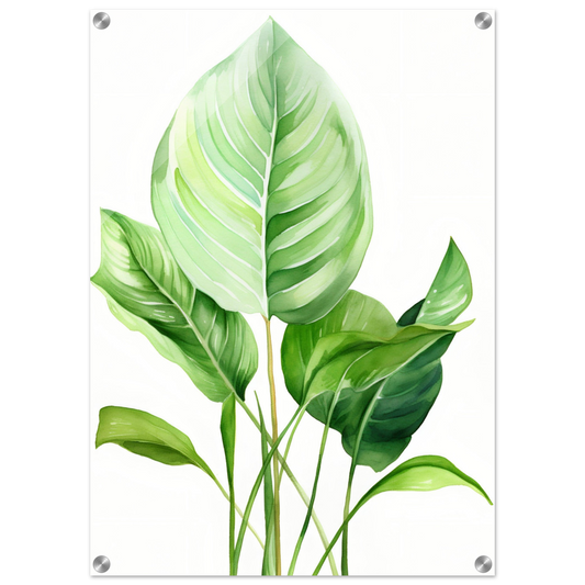 Watercolor painting of green tropical leaves with prominent veins and stems.