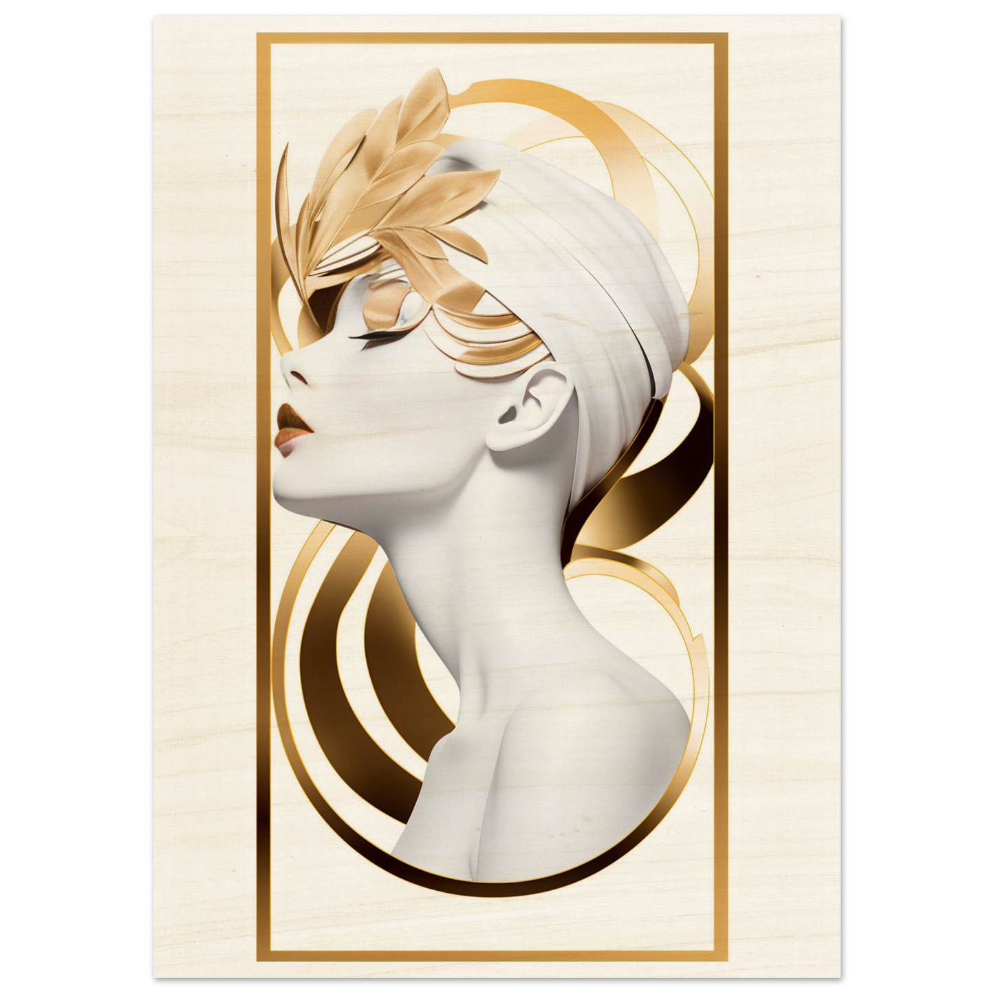 Stylized portrait of a woman with golden accents and feather-like elements in her hair.