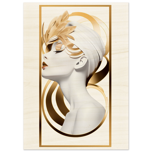 Stylized portrait of a woman with golden accents and feather-like elements in her hair.